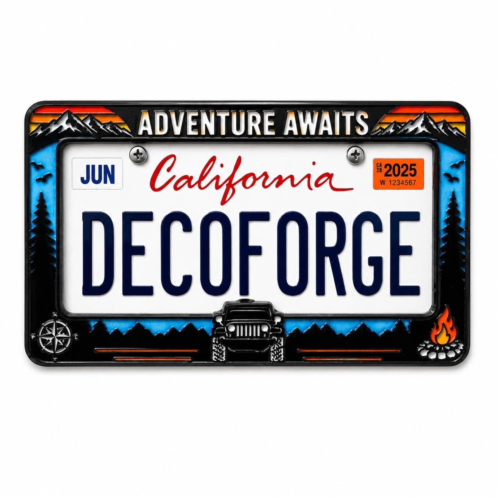 Adventure Awaits Mountain Jeep Frame handmade epoxy custom license plate frame